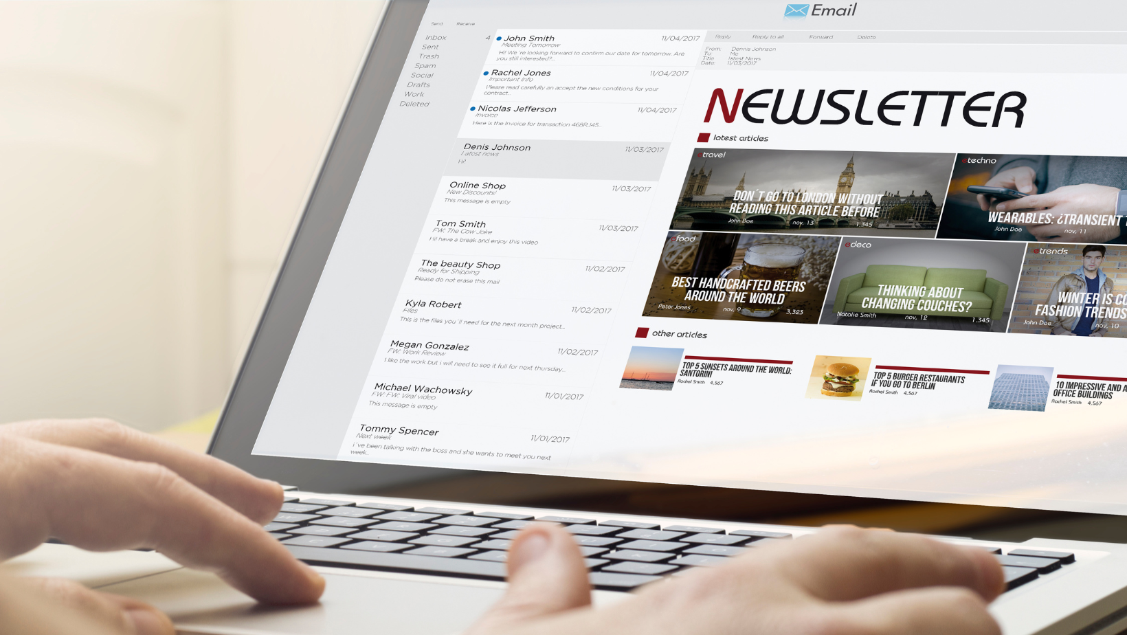 A person is typing on a laptop computer with a newsletter on the screen.