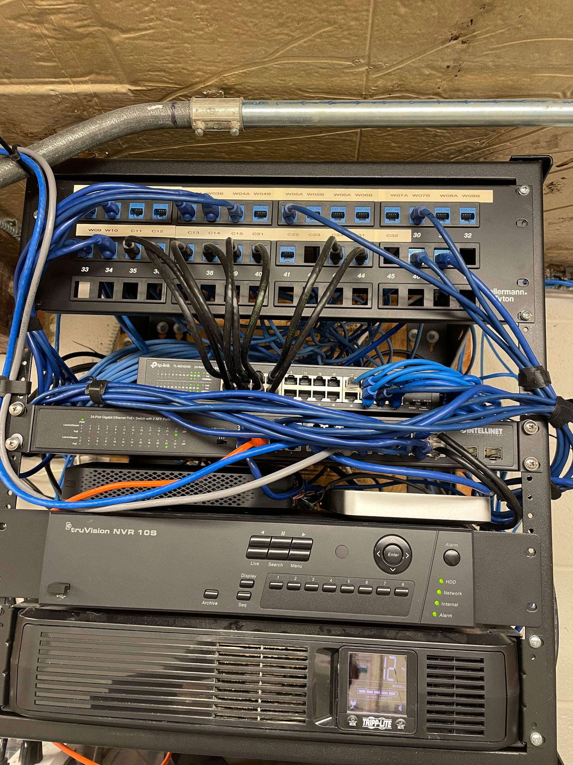 A bunch of wires are connected to a server rack.
