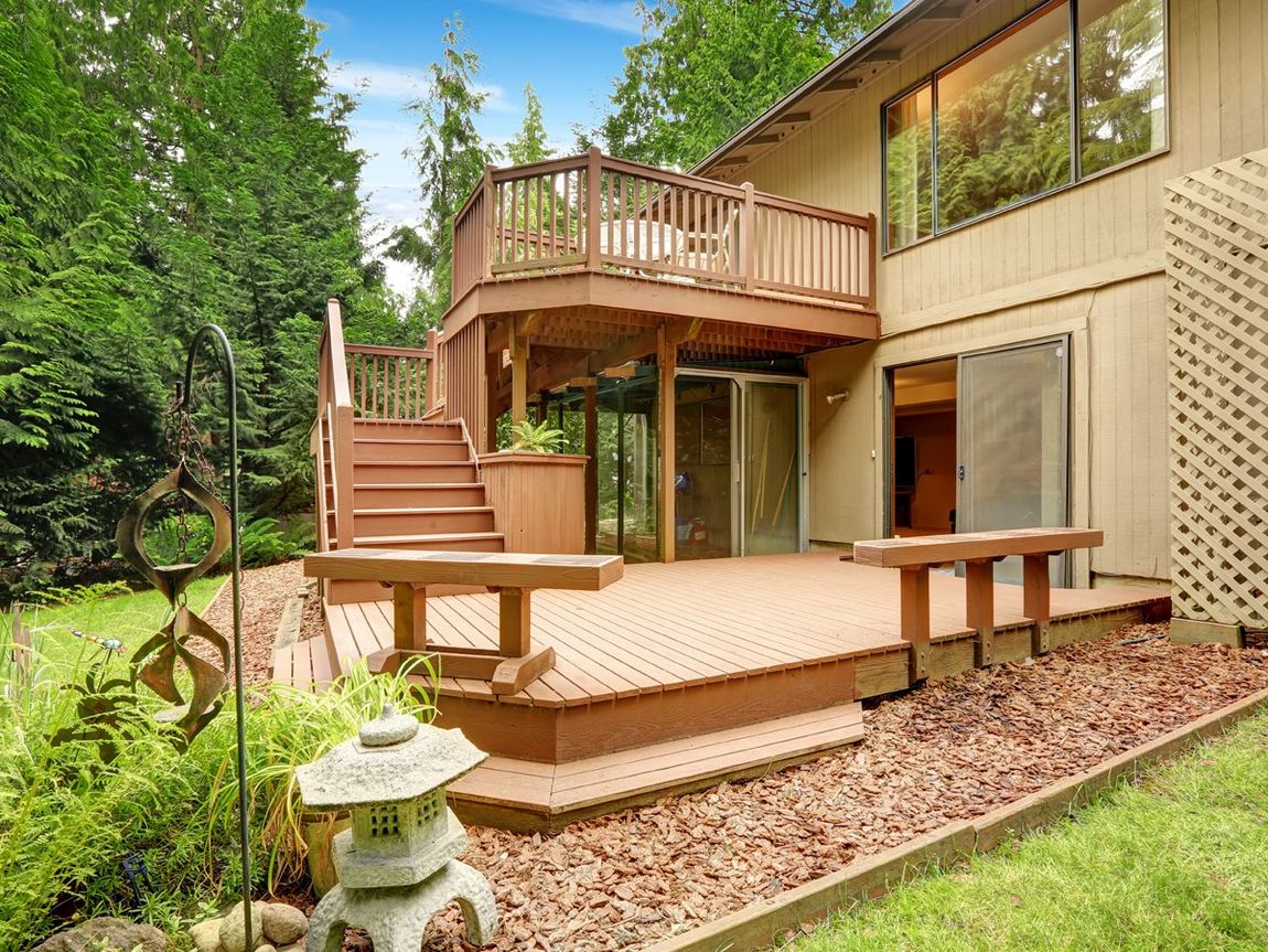 House with walkout deck and patio