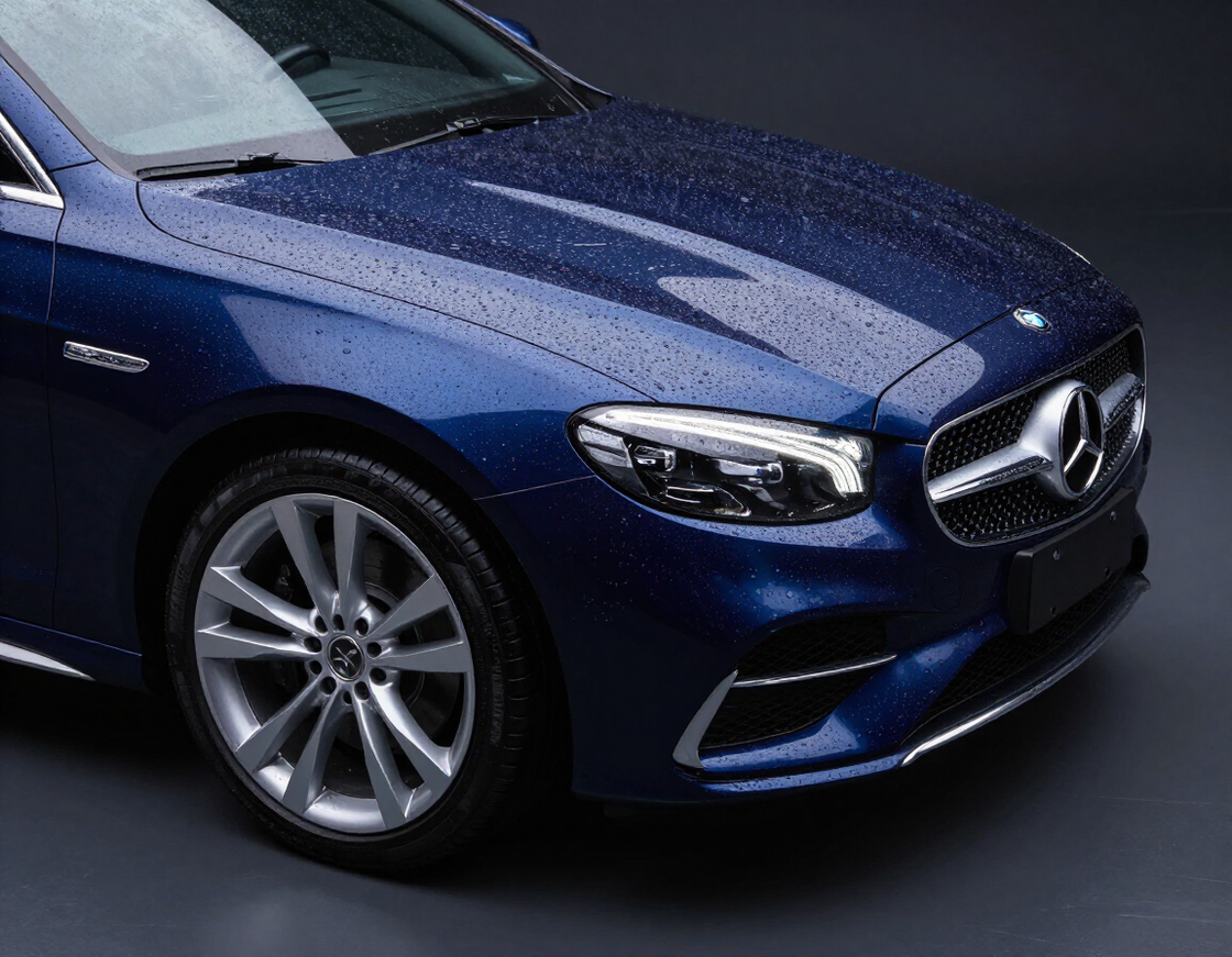 Gleaming dark-blue saloon car after hand wash