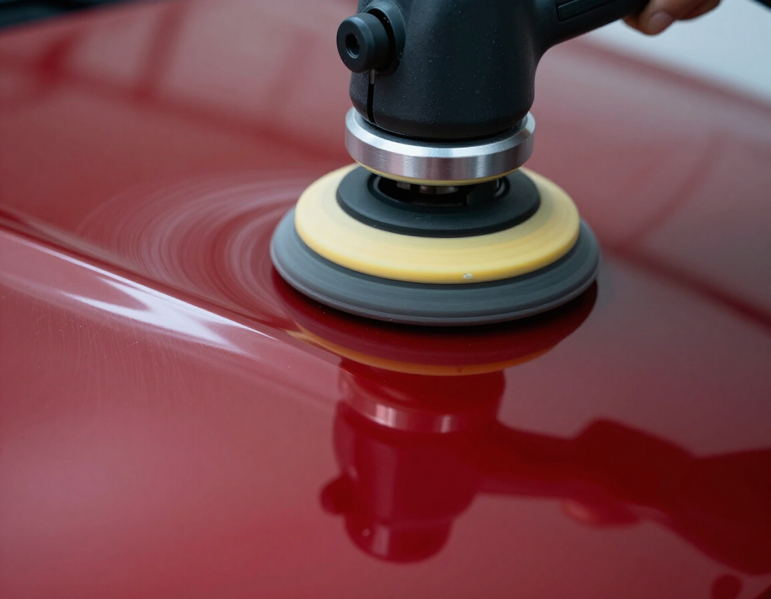Machine polisher working on deep red paintwork showing before and after correction