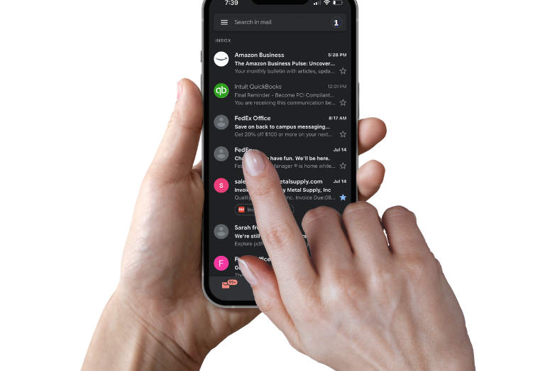 Hands using a smartphone with a dark app list on the screen, one finger tapping an item.