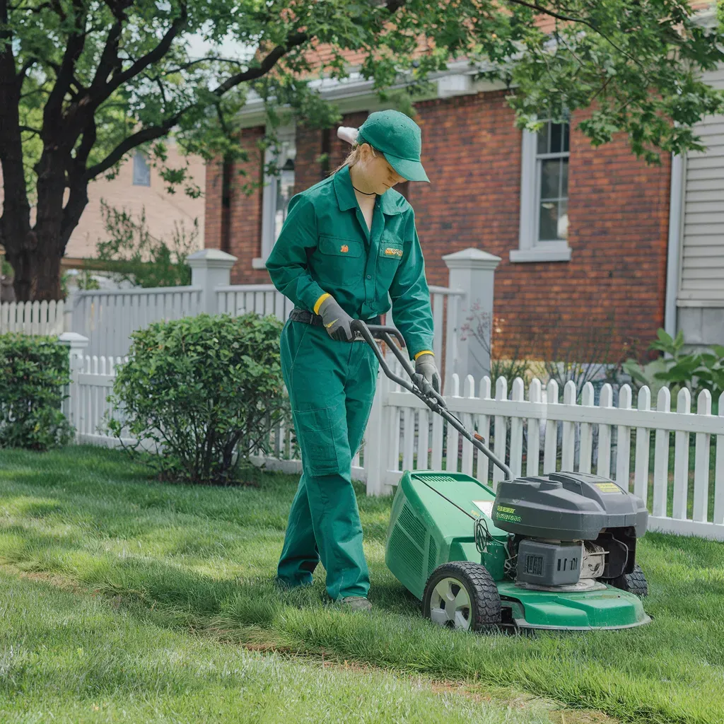 A woman is using a green lawn mower to cut the grass in front of a house.