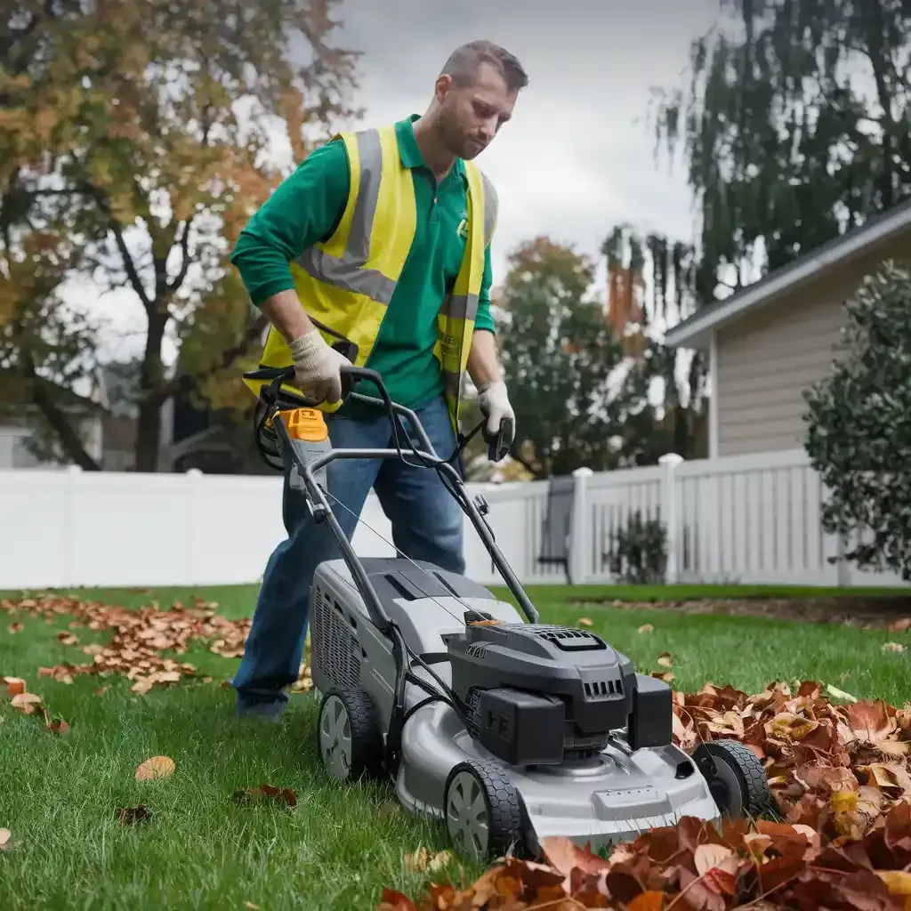 Person raking a pile of fallen leaves in a garden on a sunny autumn day.