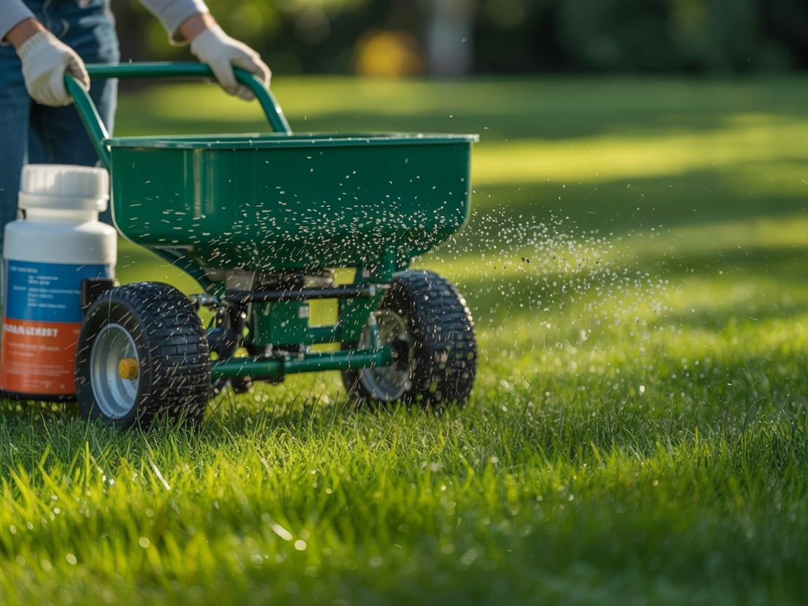 Person spreading fertilizer on a green lawn with a wheeled spreader.