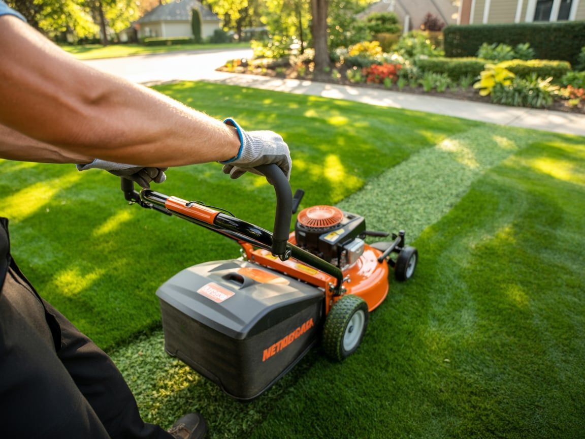 Person mowing a lawn with an orange mower, creating striped patterns in the green grass, sunny day.
