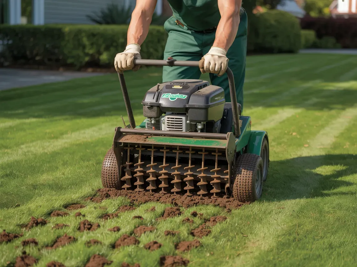 Man aerating a lawn with a machine, creating rows of soil plugs. Green grass, sunny day.