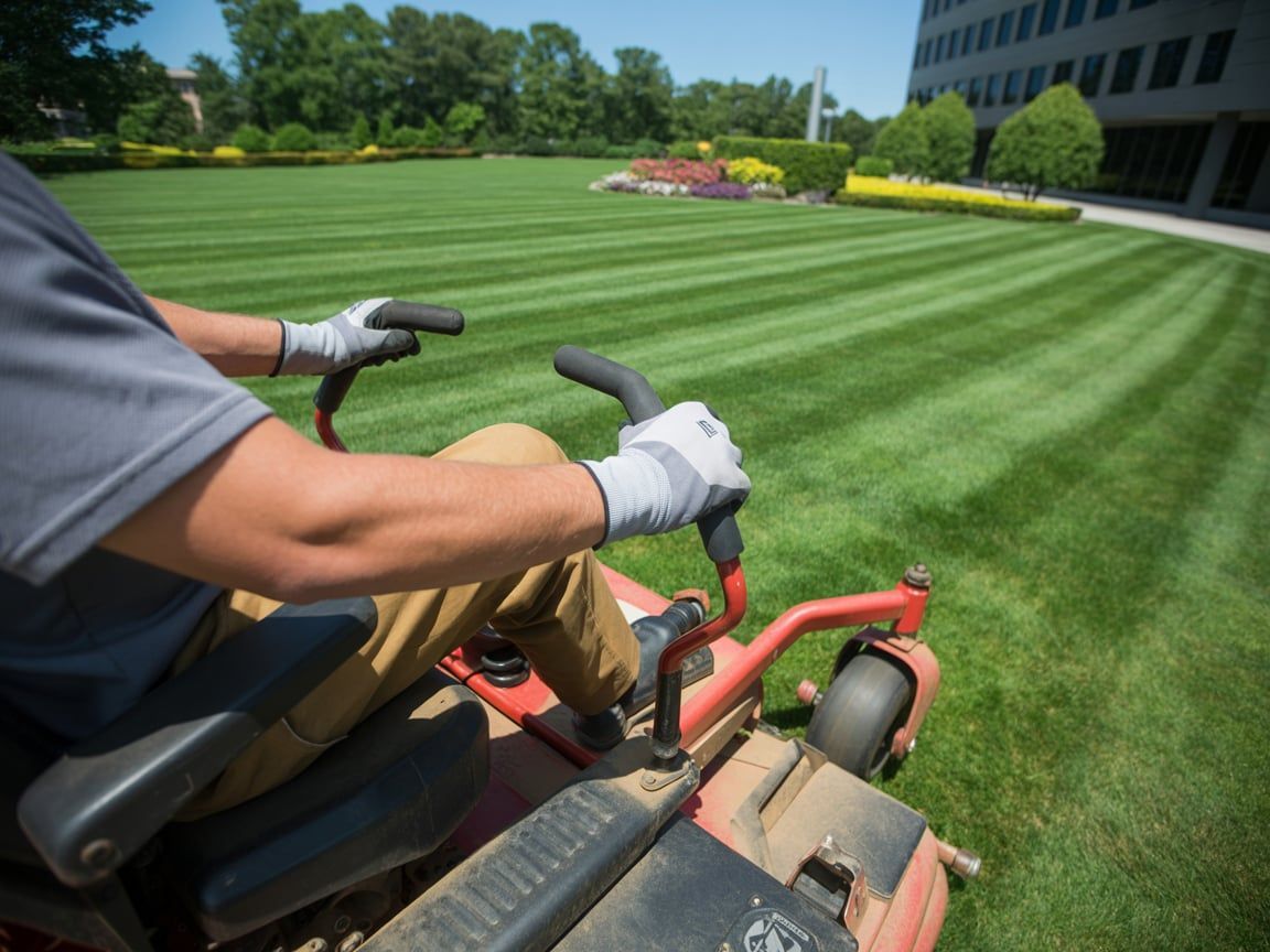 Person mowing a lawn with a riding mower, creating striped patterns in the green grass, with a building in the background.