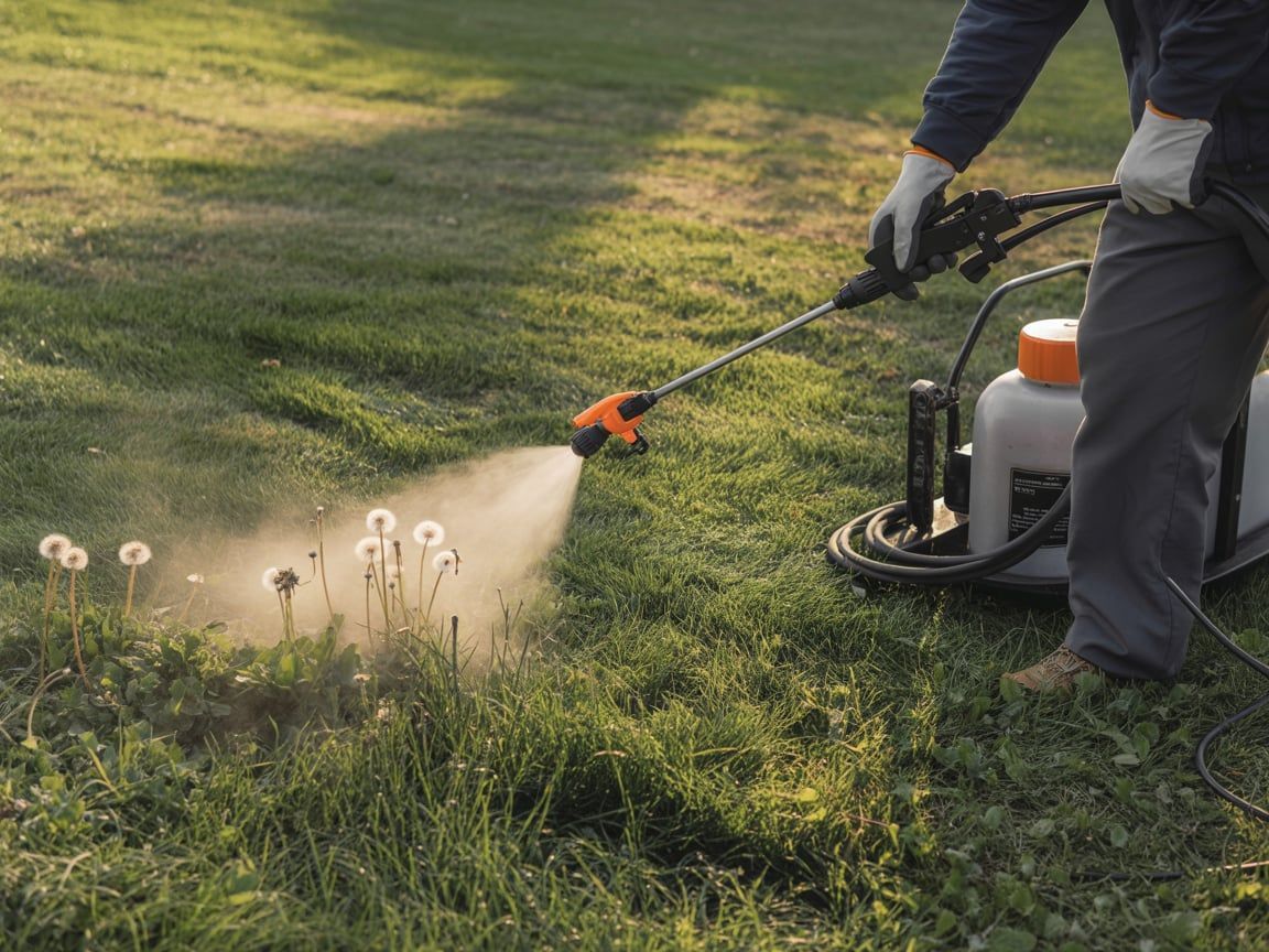 Person spraying weeds in a grassy yard with an orange and white sprayer.