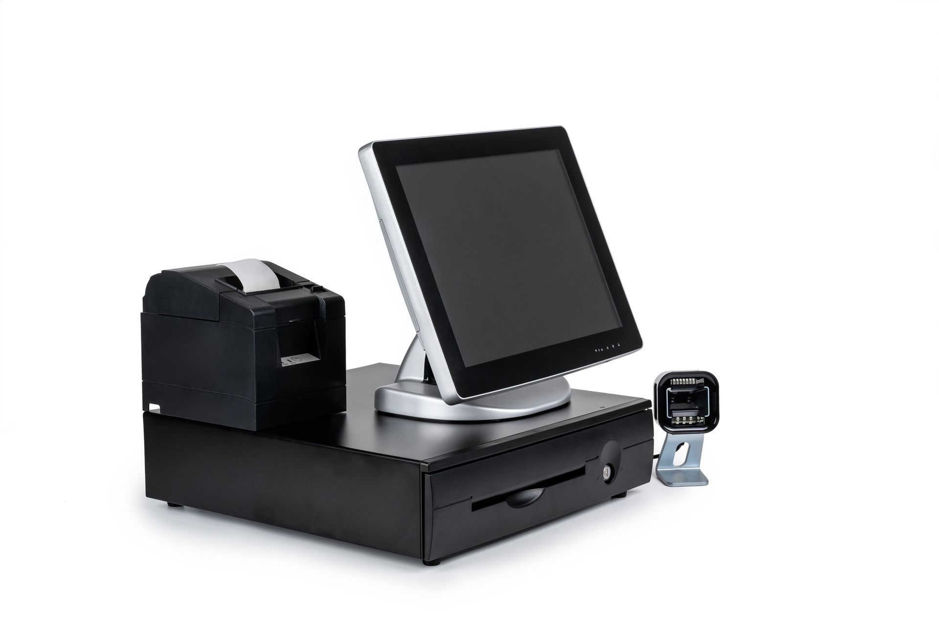 Black point-of-sale terminal with touchscreen, receipt printer, and card reader on a counter