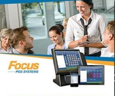 A Poster for Focus Pos Systems Shows a Woman Talking to A Group of People.