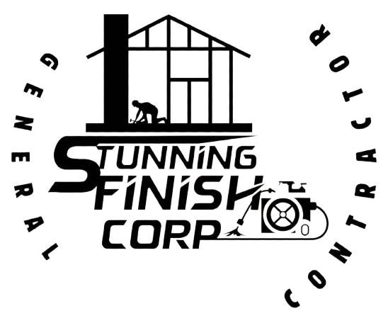 Logo of Stunning Finish Corp: house outline, figure working, camera, and text "Stunning Finish Corp" with "General Contractor" around.