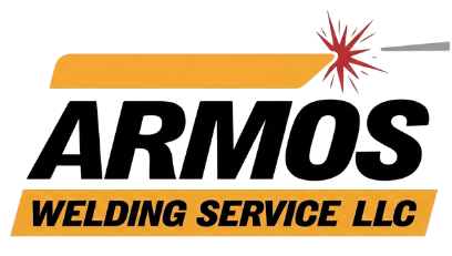 Logo for ARMOS Welding Service LLC, black text on orange and yellow rectangles, with welding spark graphic.