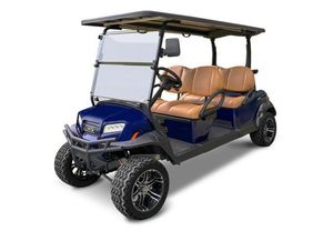 Blue four-seat golf cart with tan seats and a black roof, angled on a white background