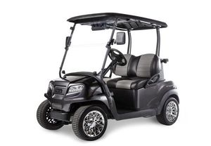 Black four-seat electric golf cart with roof and windshield, shown on a white background