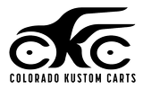 Black and white Colorado Kustom Carts logo with stylized wheels and flames