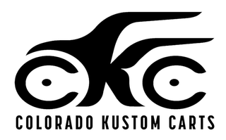 Black and white Colorado Kustom Carts logo with stylized wheels and flames