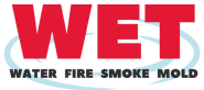 The wet water fire smoke mold logo is red and blue.