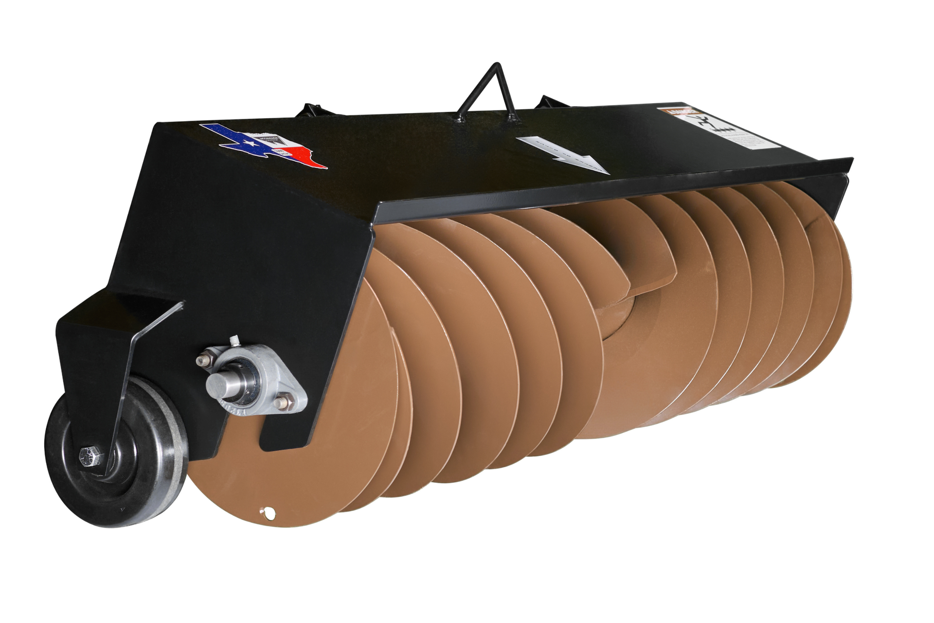 Orange and black mini-skid steer with mulching attachment on grassy field.