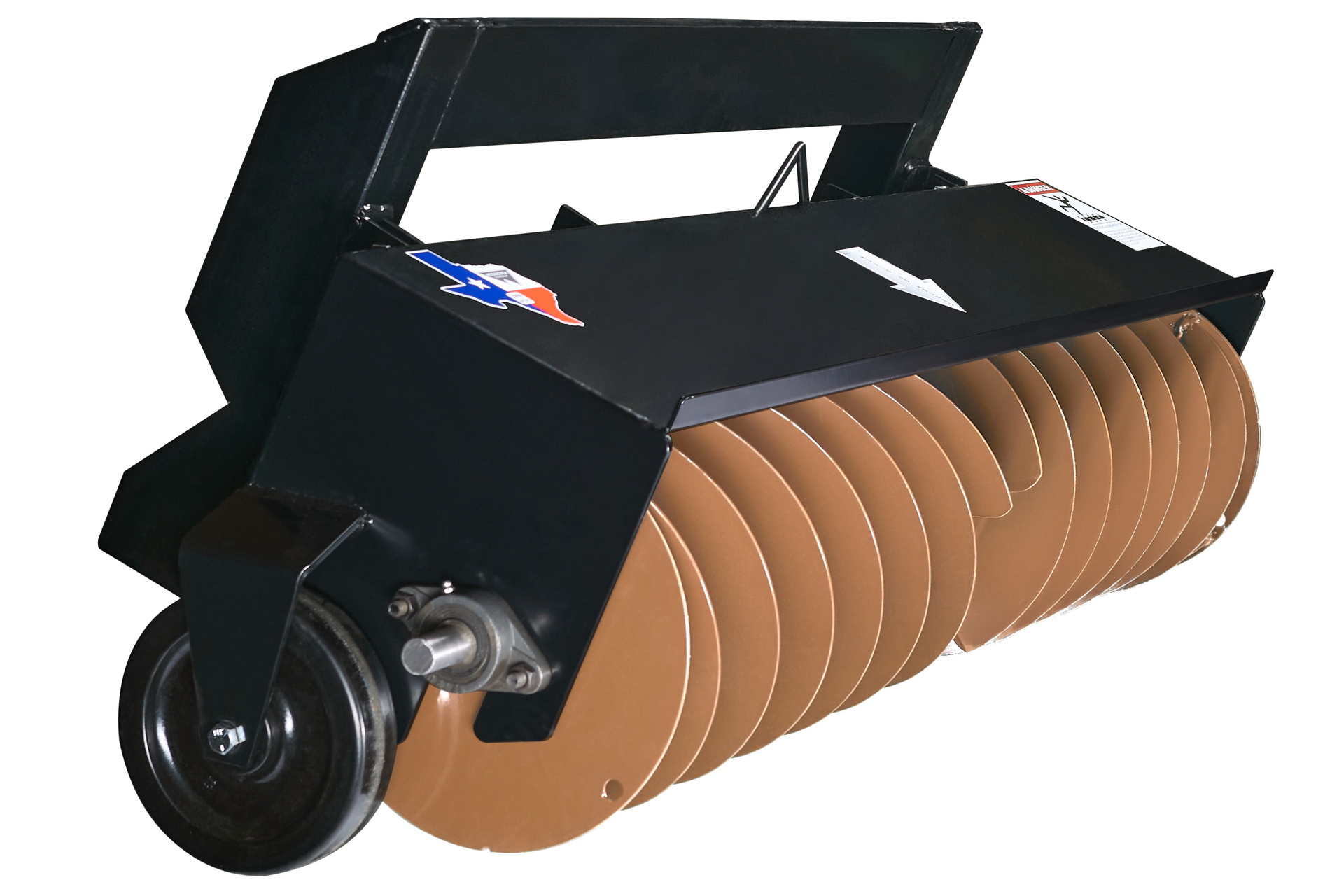 Front view of a New Holland compact track loader with a mulching head, on grass by a pond.