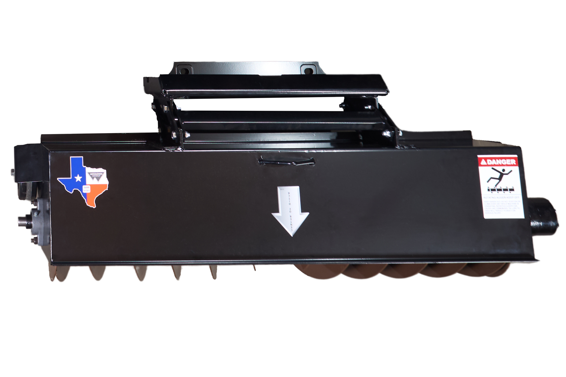 A black agricultural land packer attachment with a row of brown, circular discs and a side swivel wheel.