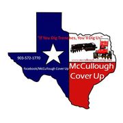 Logo of McCullough Cover Up, a Texas-bs with the state flag colors, equipment illustrations, and contact information.