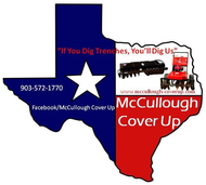 Texas-shaped logo: McCullough Cover Up; text, phone, website, and machinery images.