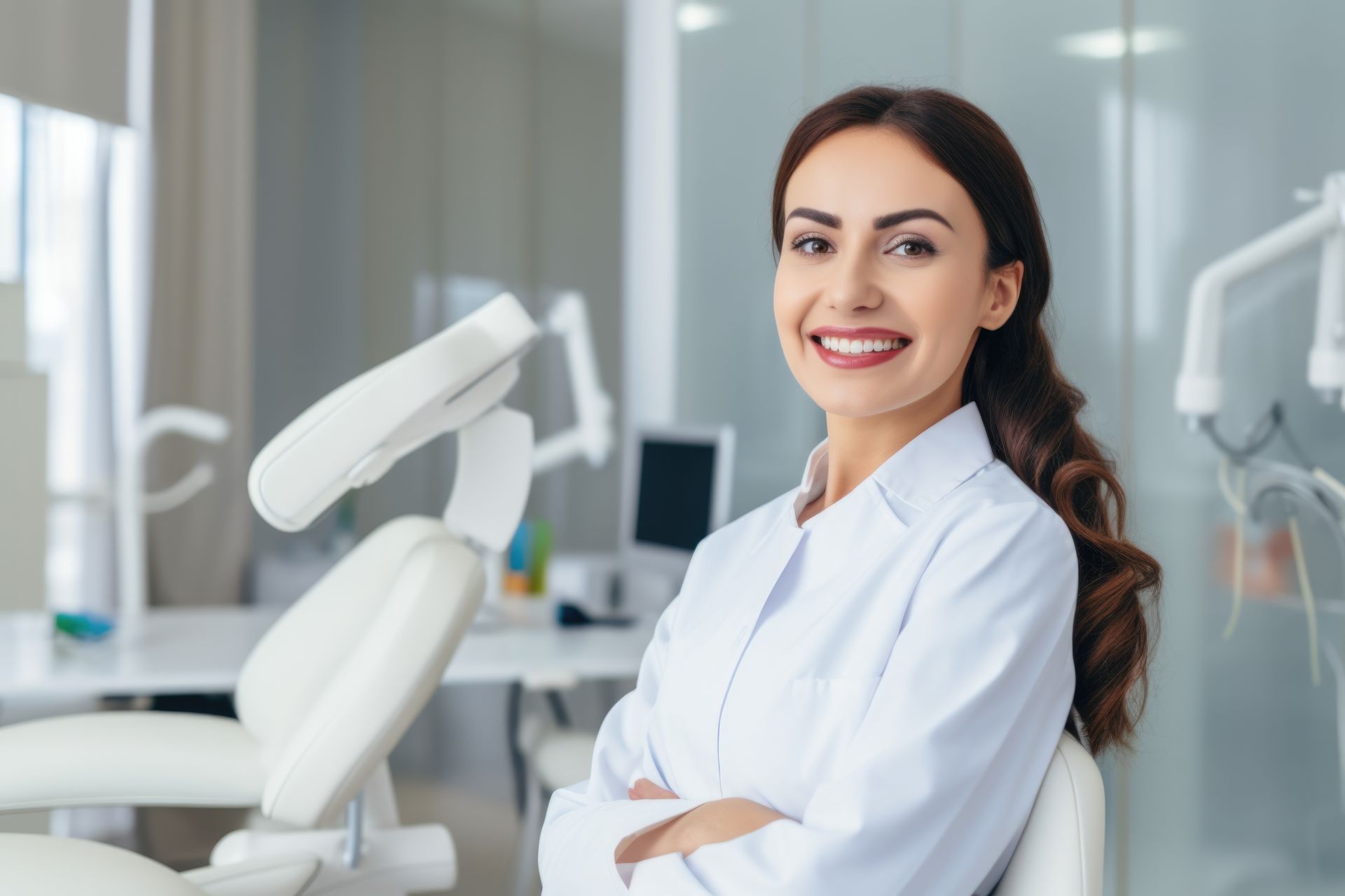 Smiling dentist in white coat with arms crossed in a dental office.
