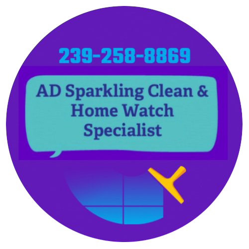Round purple logo with phone number and text for cleaning and home watch services.