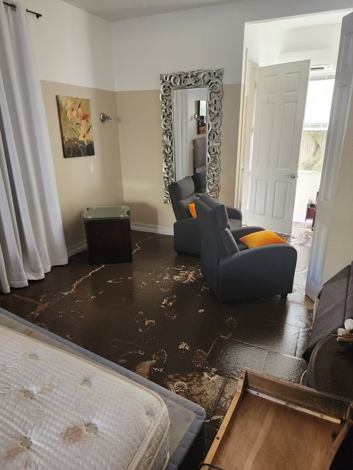 Flooded room; debris covers floor. Two armchairs, mirror, painting, open door visible. Furniture, mattress, and cabinet in disarray.