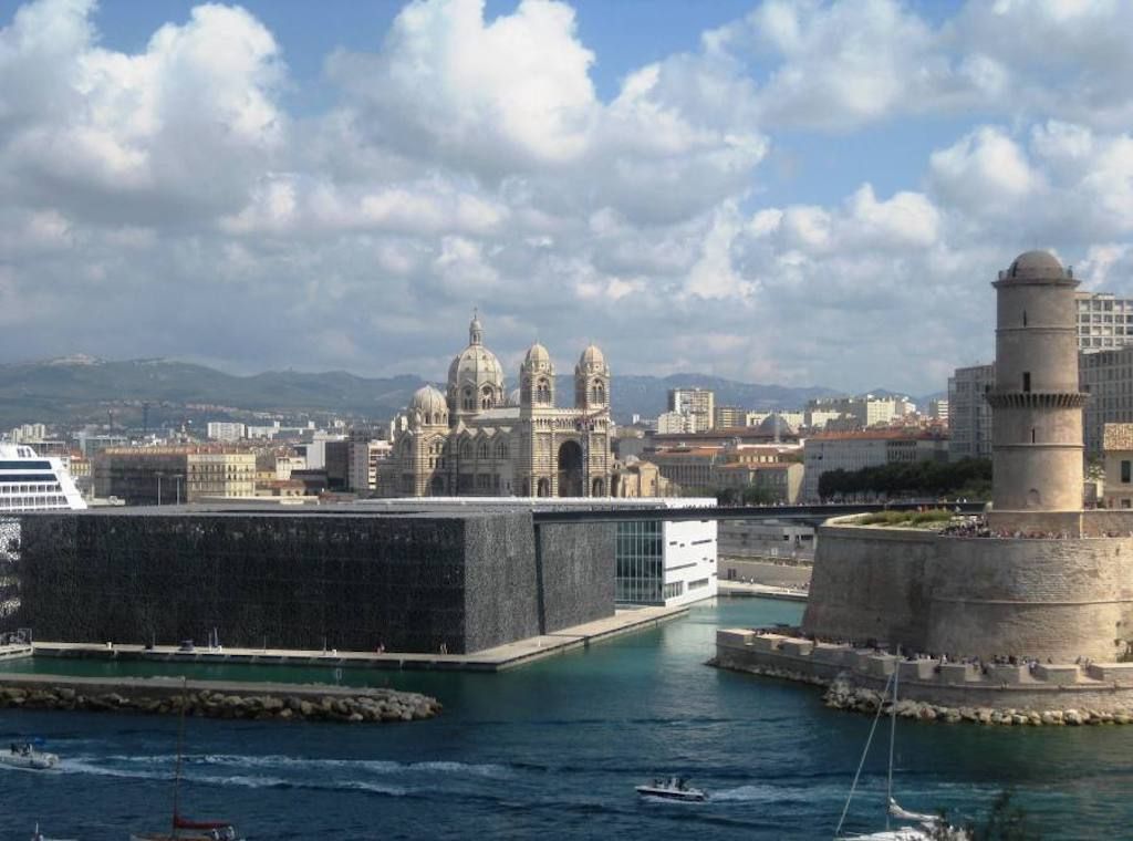 View of the Mucem museum and the villa méditerranée as well as the cathedral la Major in Marseilel.