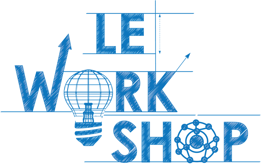 blue letters on white background saying le workshop