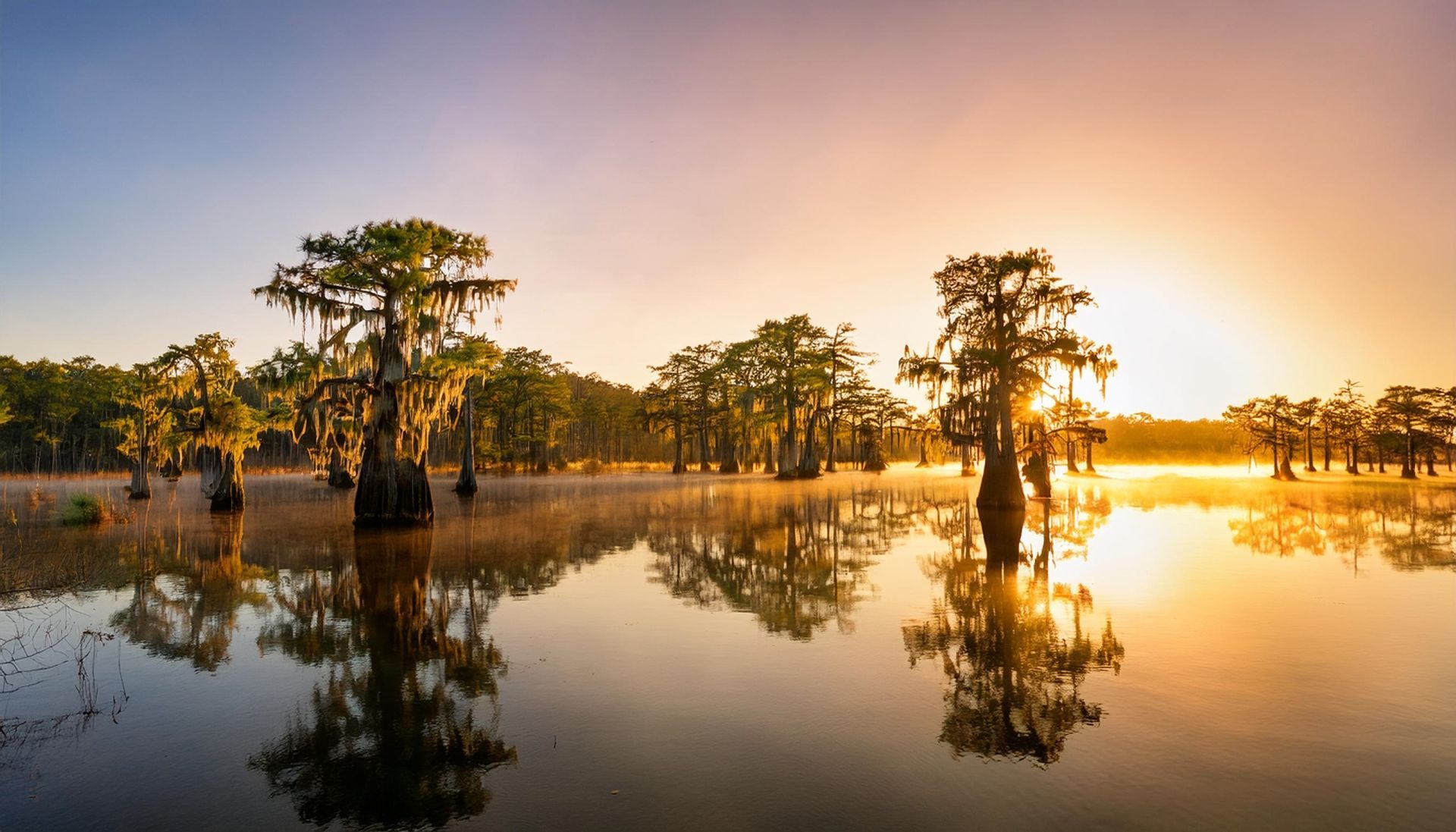 Golden sunrise illuminates cypress trees reflecting in the still, misty waters of a tranquil swamp landscape.