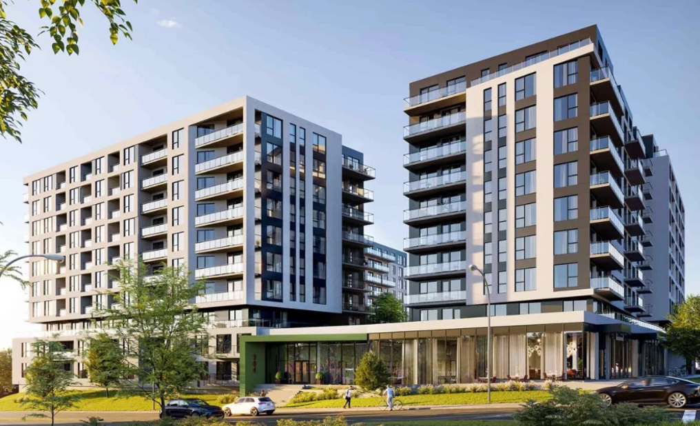 Une impression d'artiste d'un grand immeuble d'appartements dans une ville.