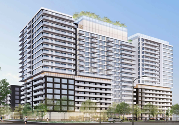 Une impression d'artiste d'un grand immeuble d'appartements.