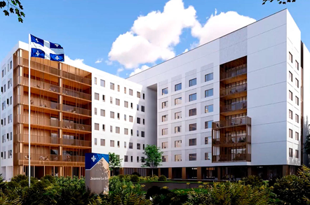 Une impression d'artiste d'un grand immeuble d'appartements