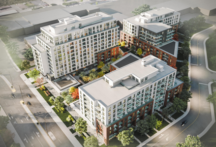 Une vue aérienne d'un grand complexe d'appartements avec de nombreux bâtiments et arbres