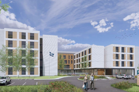 Une impression d'artiste d'un grand bâtiment avec beaucoup de fenêtres.