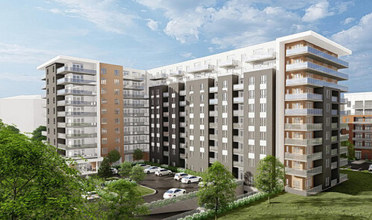 Une impression d'artiste d'un grand immeuble d'appartements entouré d'arbres.