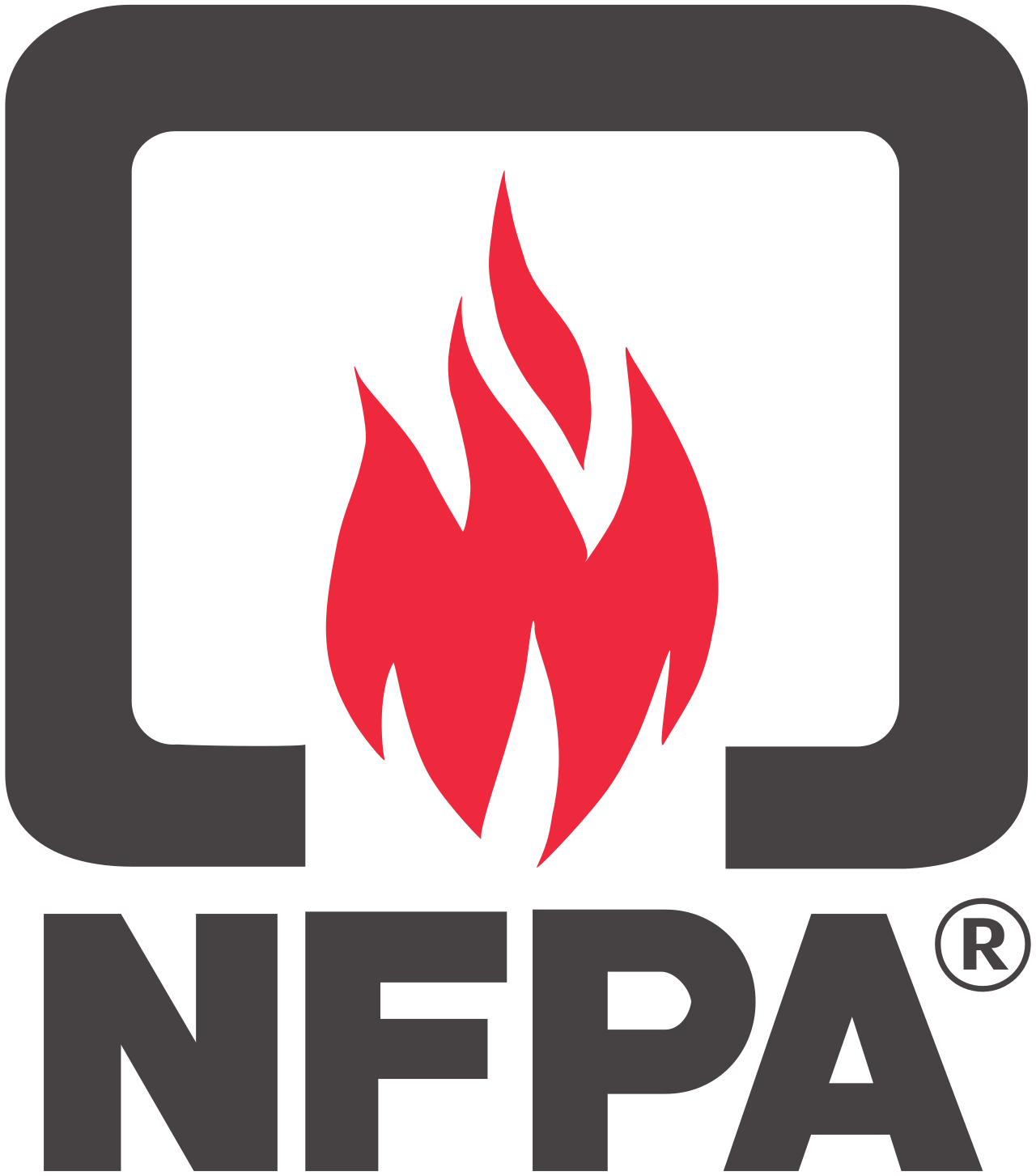 Logo NFPA avec icône de flamme rouge et lettres grises sur fond blanc