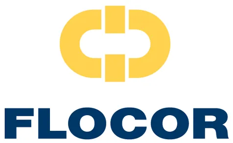 Un logo jaune et bleu pour flocor sur fond blanc