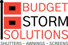 the logo for budget storm solutions is red and black and says shutters - awnings - screens