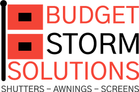 the logo for budget storm solutions in newport north carolina is red and black and says shutters - awnings - screens