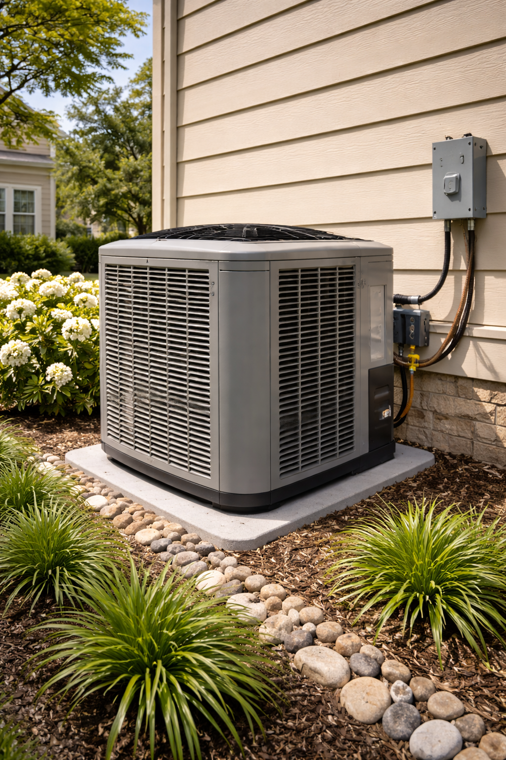 Outdoor central air conditioner beside a beige house with utility box and landscaped rocks