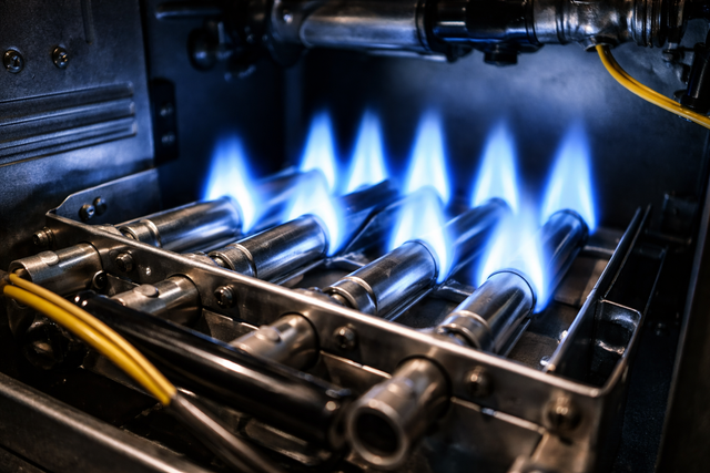 Blue flames heating metal tubes inside an industrial furnace.