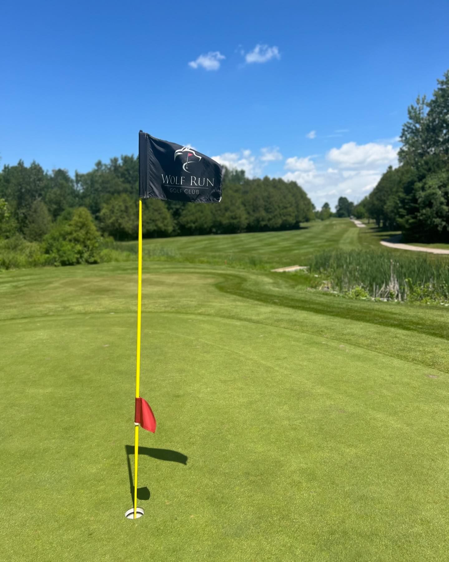 A black flag on a yellow pole on a golf course