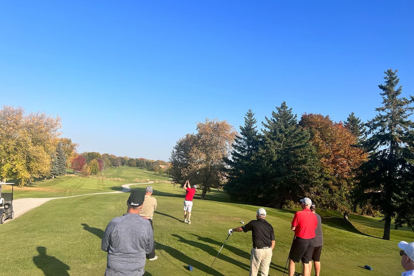 A group of people are playing golf on a sunny day.