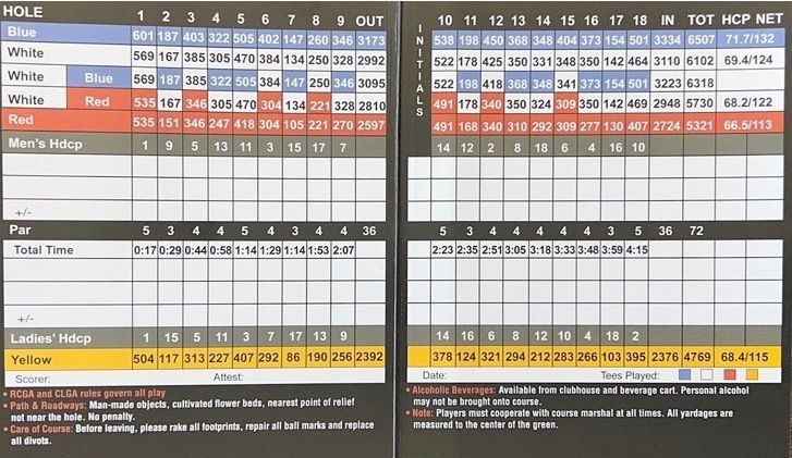 A scorecard for a golf game has the word hole on it