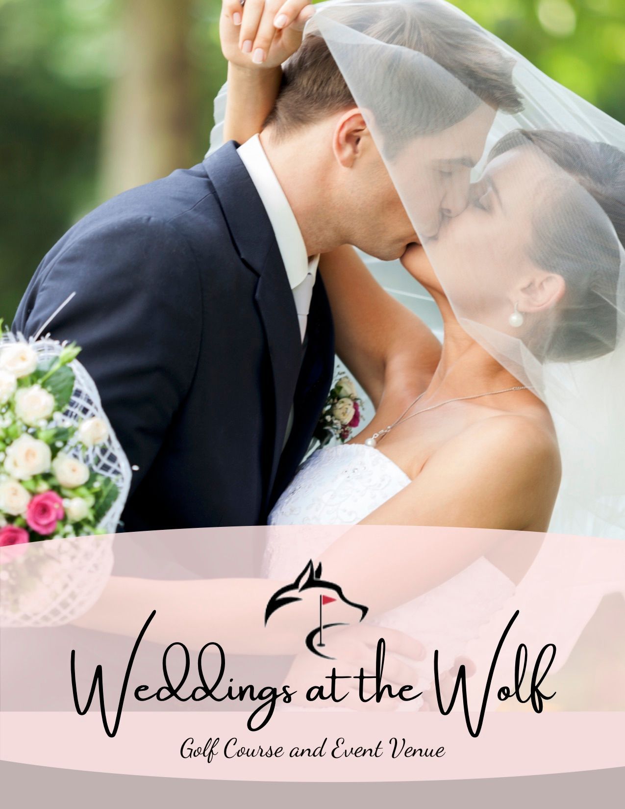 A bride and groom kissing in front of a sign that says weddings at the wolf