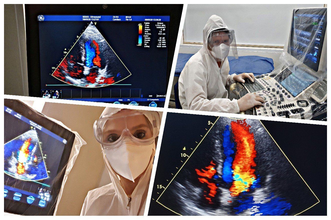 A collage of four pictures shows a doctor using an ultrasound machine